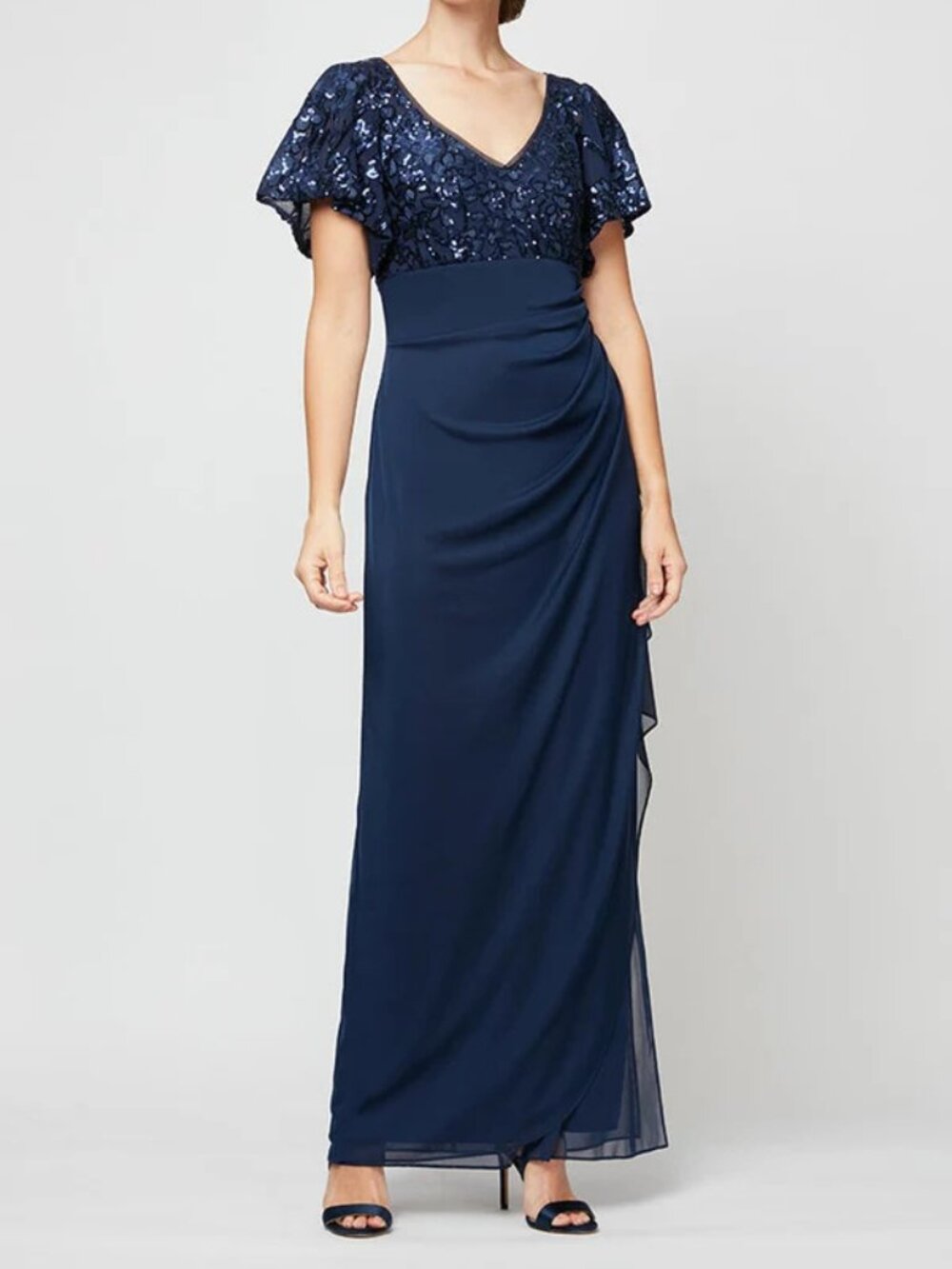 Alex Evenings ✨ Sequined Flutter Sleeve Chiffon Gown Navy 4P